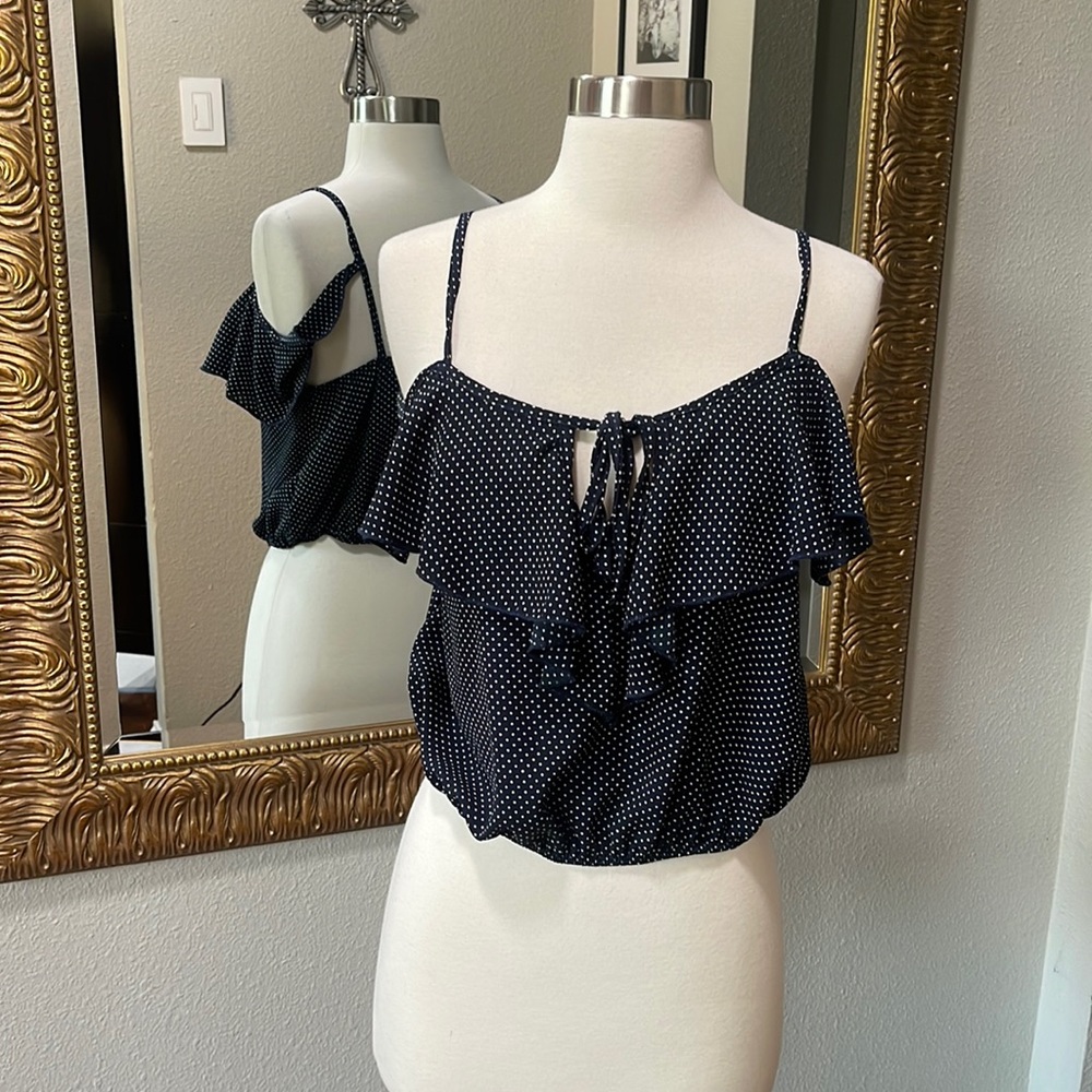 Surf Gypsy Navy Polka Dot Ruffle Cami Top